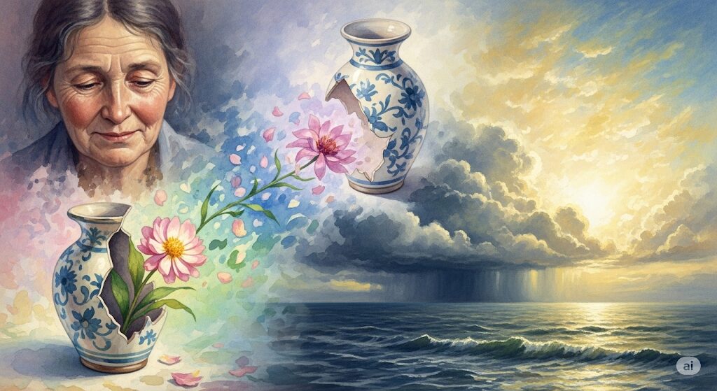 穏やかな表情の人物、壊れた壺から花が咲く様子、嵐の海が穏やかになる風景を組み合わせた神秘的な水彩画。掃除後の好転反応に関する様々な体験談の傾向を象徴しています。
