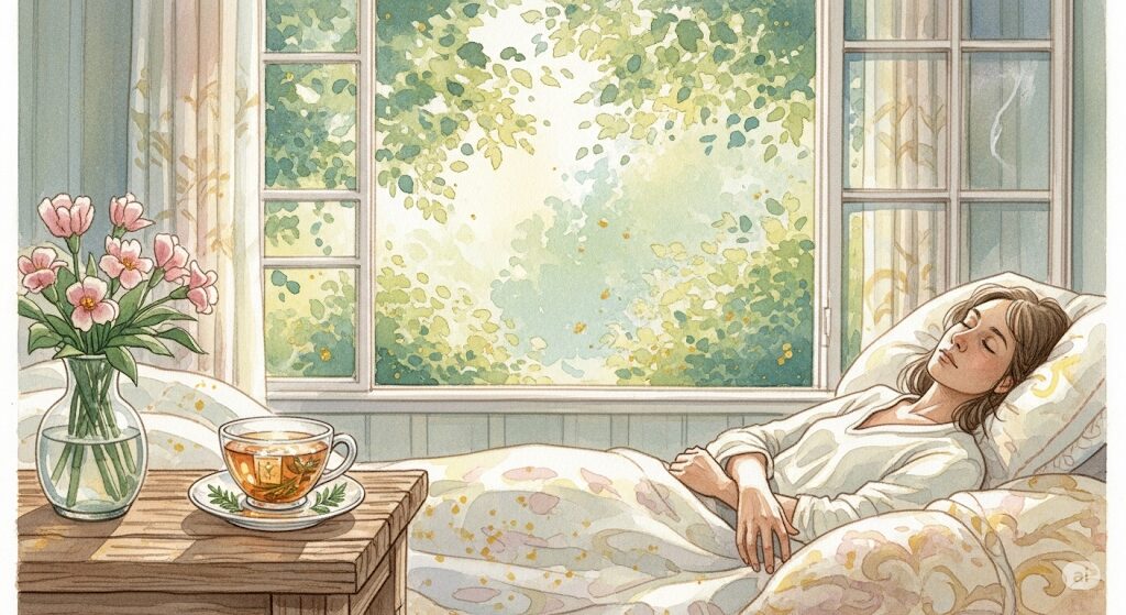 光が差し込む穏やかな部屋で、人物がベッドで安らかに休息している様子を描いた神秘的な水彩画。掃除後のつらい好転反応の時期の、セルフケアと休息による過ごし方を象徴しています。
