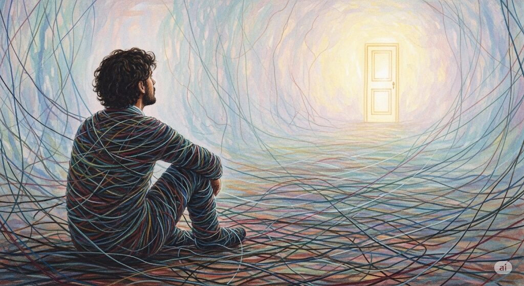 絡み合った糸に囲まれ、遠くの光る扉を見つめる人物の神秘的な水彩画。