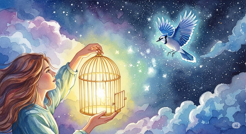 開いた鳥かごを手放し、星空へ飛び立つ光り輝く鳥を見送る人物の神秘的な水彩画。