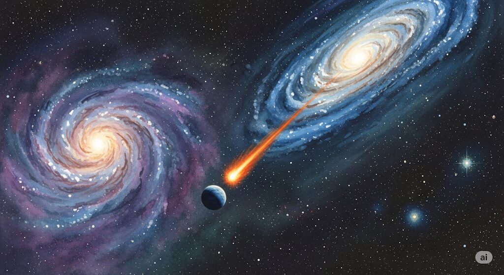惑星のそばを通り過ぎ、より大きな銀河へと向かう流れ星を描いた宇宙の神秘的な水彩画。