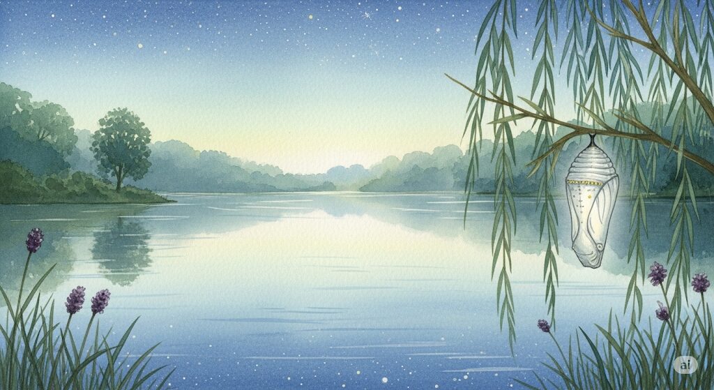 星空を映す静かな湖のほとりで、枝から下がり淡く光るさなぎの神秘的な水彩画。