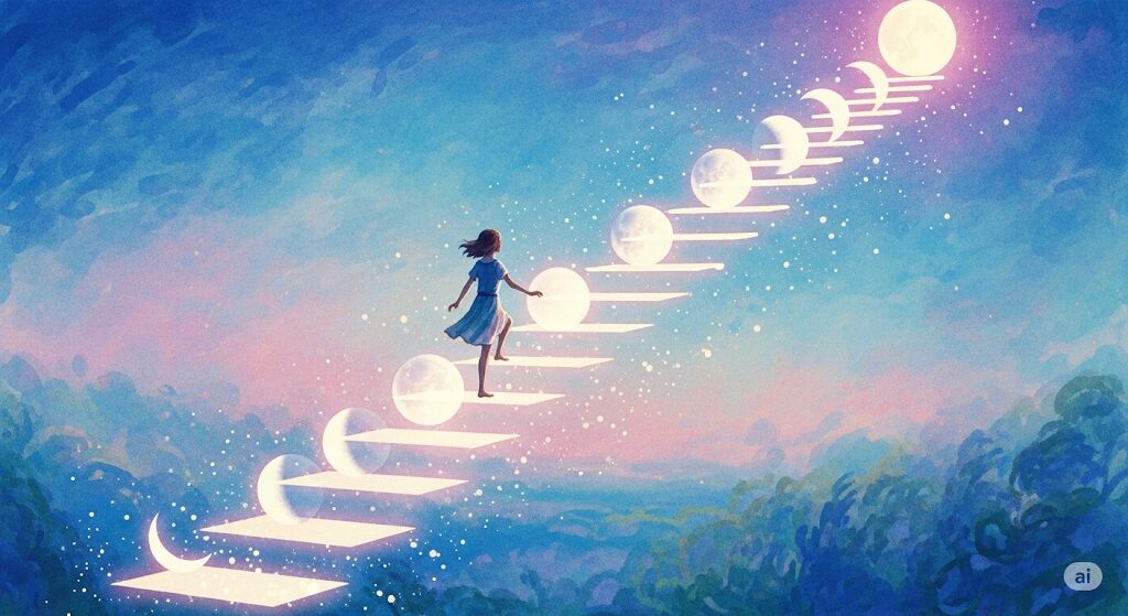 天空に浮かぶ、月の満ち欠けでできた光の階段を一段ずつ登る人物。チャンスを逃した後の、明確なステップを踏んで次の目標へ向かう様子。