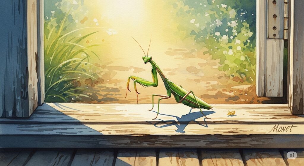 玄関先にいるカマキリと幸運の兆しを描いた水彩画