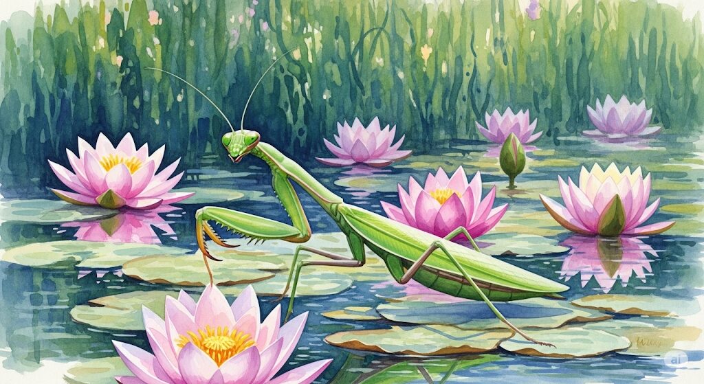 愛と人間関係に関連するカマキリの神秘的な水彩画