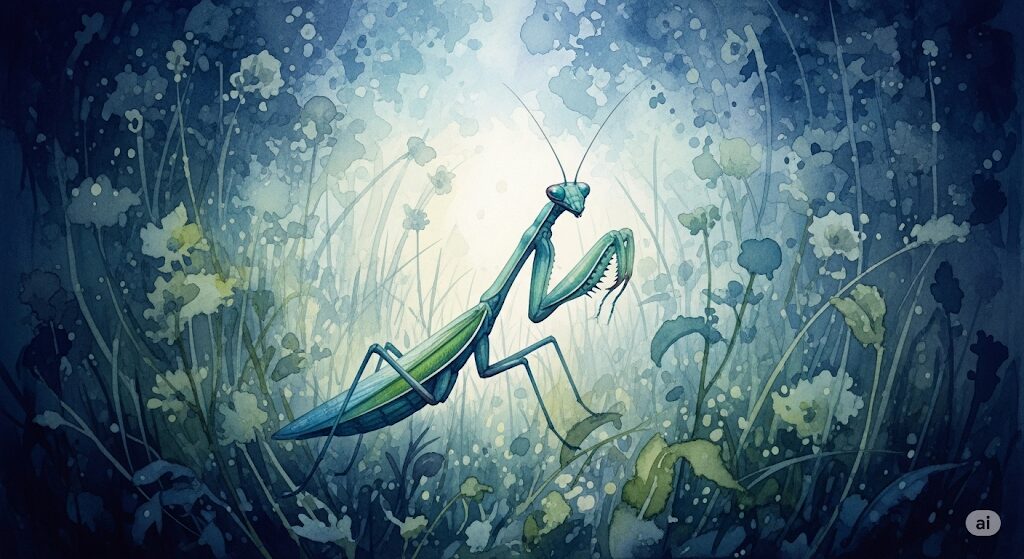 夜のカマキリと精神的な雰囲気を描いた水彩画
