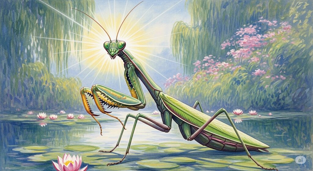 幸運の兆しを示す緑色のカマキリの神秘的な水彩画