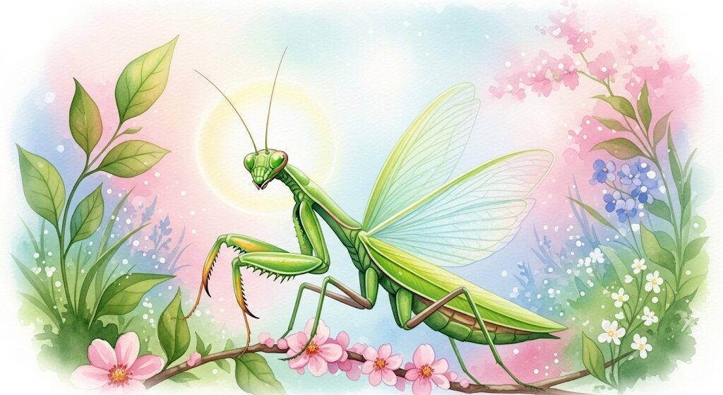 緑色のカマキリが幸運のサインを示す神秘的な水彩画