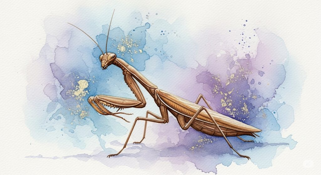 茶色のカマキリが安定のメッセージを伝える神秘的な水彩画