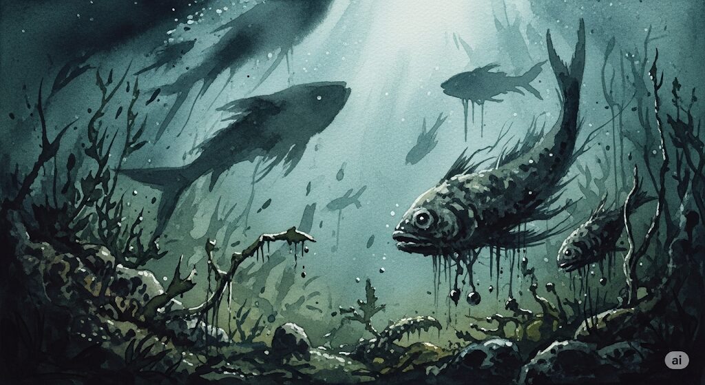 魚臭い霊臭が持つネガティブな意味合いを表現した神秘的な水彩画。