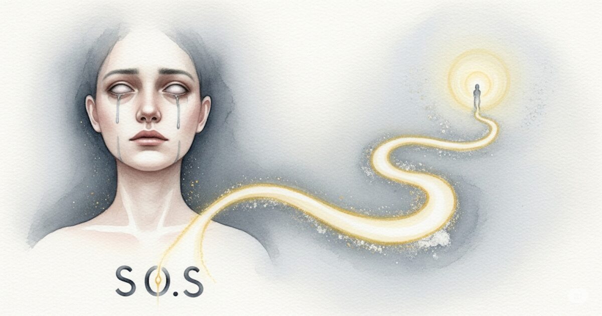 魂のSOSと解放への道を示す、目に光がない人物の神秘的な水彩画。