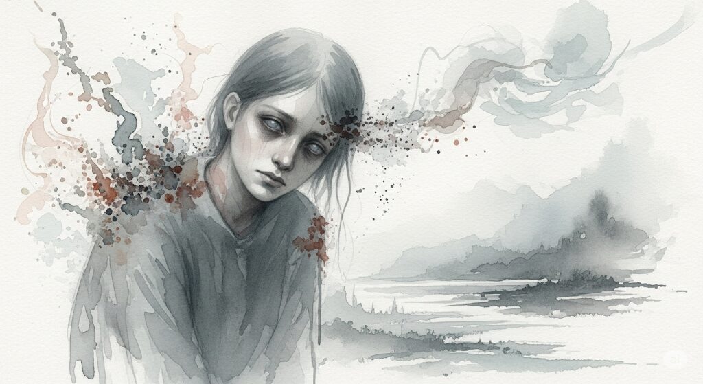 魂のエネルギー低下を表現した、目に生気のない人物の神秘的な水彩画。