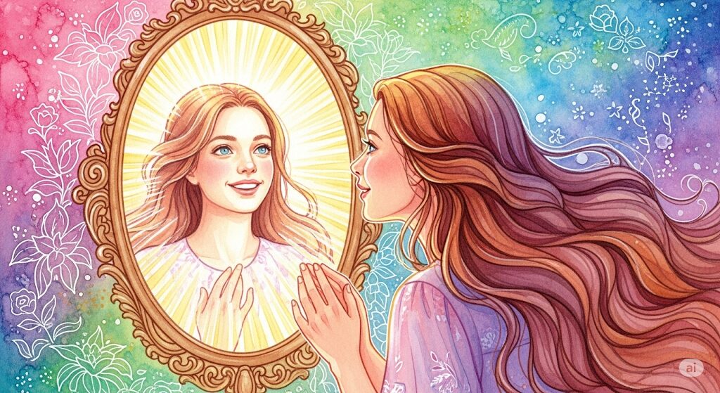鏡の中の輝く自分を見つめ、自己愛と自己肯定感を高める様子のイラスト