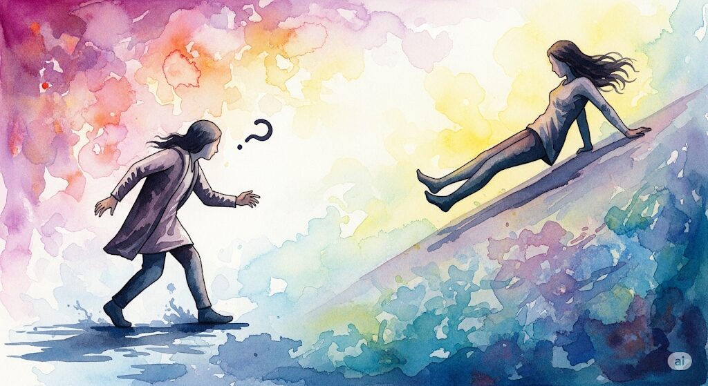 階段でつまずく姿と滑る姿を対比させ、スピリチュアルな意味を表現した神秘的な水彩画。