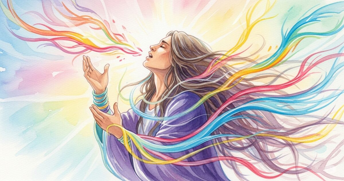歌唱を通じてスピリチュアルなエネルギーが表現される様子を描いた神秘的な水彩画。