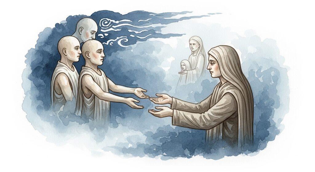 過去の魂の記憶が世代を超えて受け継がれる様子を描いた神秘的な水彩画。