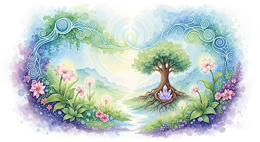 神秘的な癒しの光が流れる穏やかな風景の水彩画。生命力あふれる植物や花が輝き、中央には水晶と絡み合う木が描かれている。