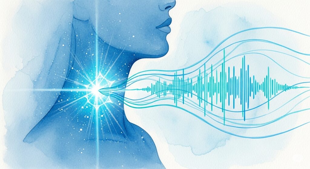 マインドフルな習慣を通して喉のチャクラが活性化する様子を、輝く青いエネルギーと穏やかな音波で表現した神秘的な水彩画。コミュニケーションと自己表現の解放を象徴している。