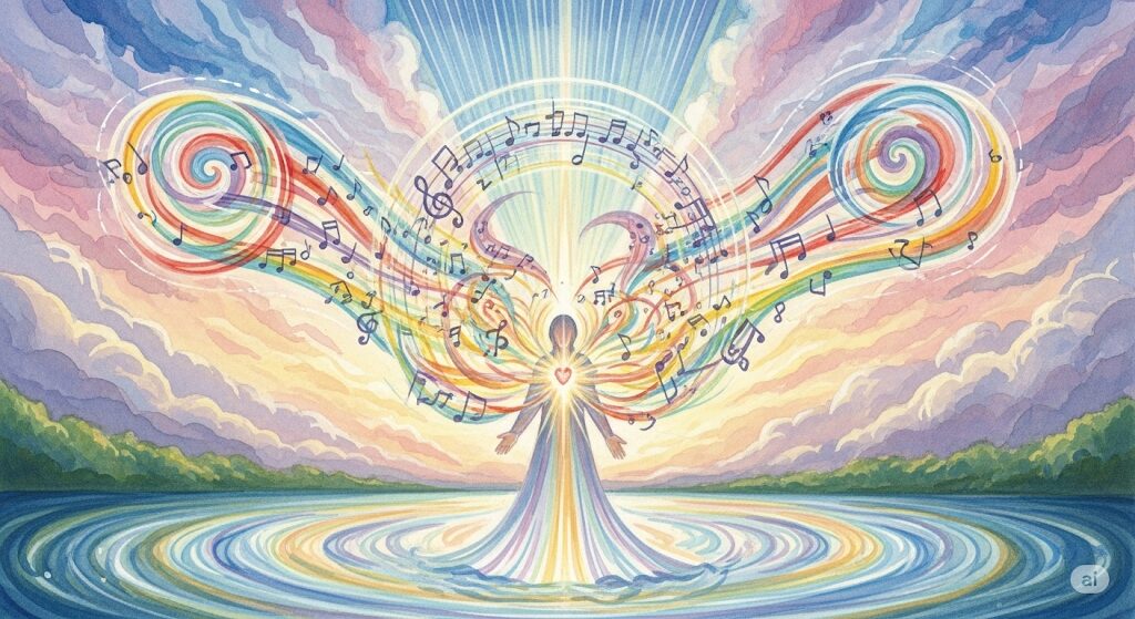 魂からのメッセージを歌で表現している様子を、幻想的な光と音楽のエネルギーとして描いた神秘的な水彩画。人物の心から放たれる光が、虹色の渦と音符になって広がっている。
