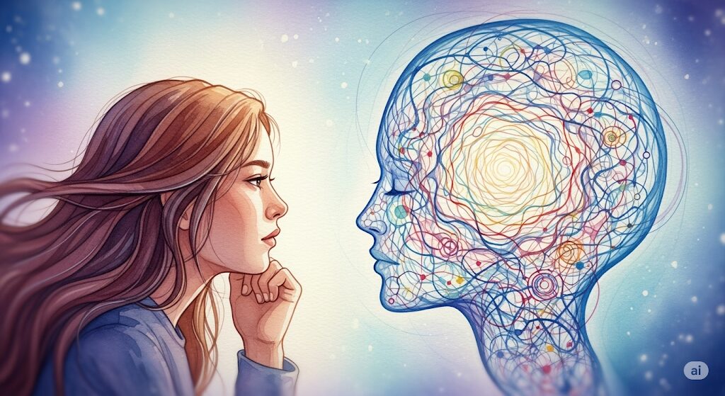内面と向き合い自己成長を追求する様子を、人物が自分自身の心の抽象的な表現を見つめることで象徴した神秘的な水彩画。内省と発見の感覚を呼び起こす。