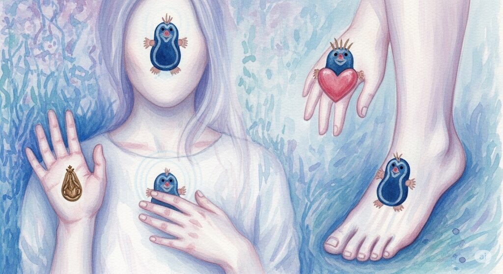 青いほくろが体の位置別に示すスピリチュアルなメッセージを、モネ風のタッチで描いた神秘的な水彩画。