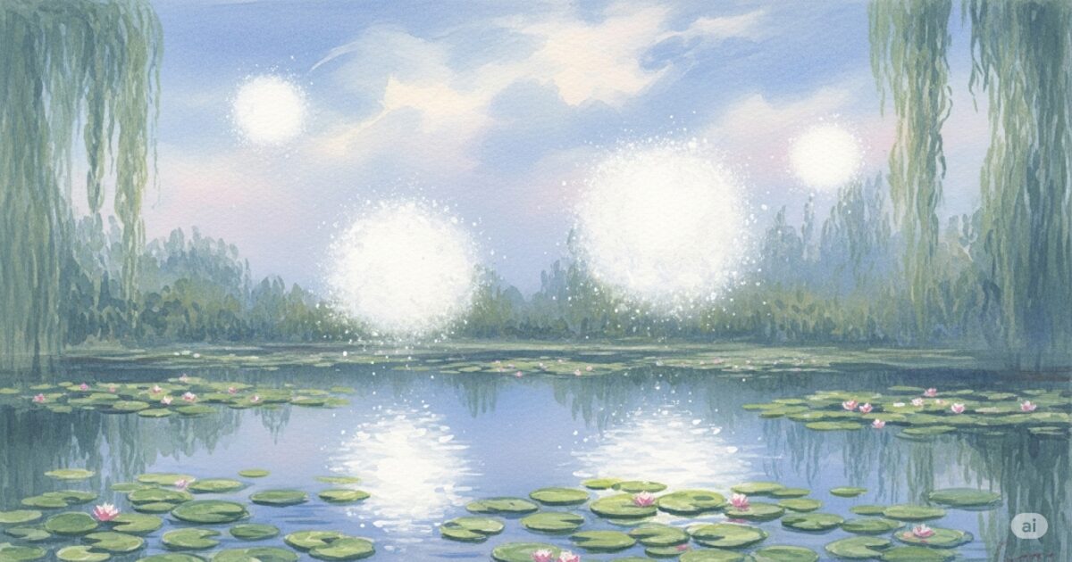 池に浮かぶ、白いふわふわが見えるスピリチュアルな水彩画。幸運のサインを象徴する光の玉が幻想的な雰囲気を醸し出している。