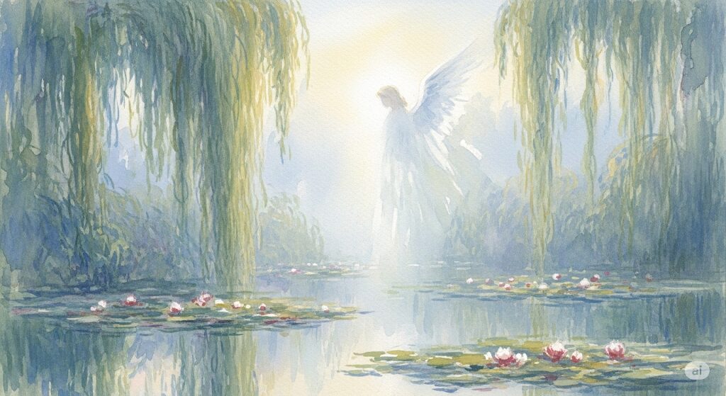 天使の存在を示唆する、白いふわふわが見えるスピリチュアルな風景画。モネ風のタッチで描かれた柳と睡蓮の池に、柔らかな光と羽が舞う。