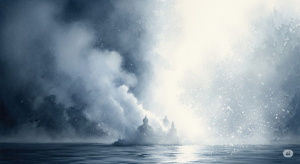 日常の湯気とは違う、神聖な白いふわふわが見えるスピリチュアルなイラスト。モネ風の絵画が、物質的な世界と精神的な世界の対比を描く。