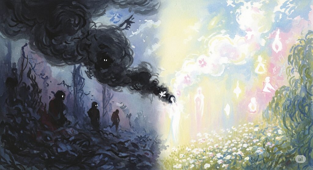 黒い煙と、白いふわふわが見えるスピリチュアルな情景の対比を描いたモネ風水彩画。左右で明暗が分かれ、見えるものの意味の違いを象徴している。