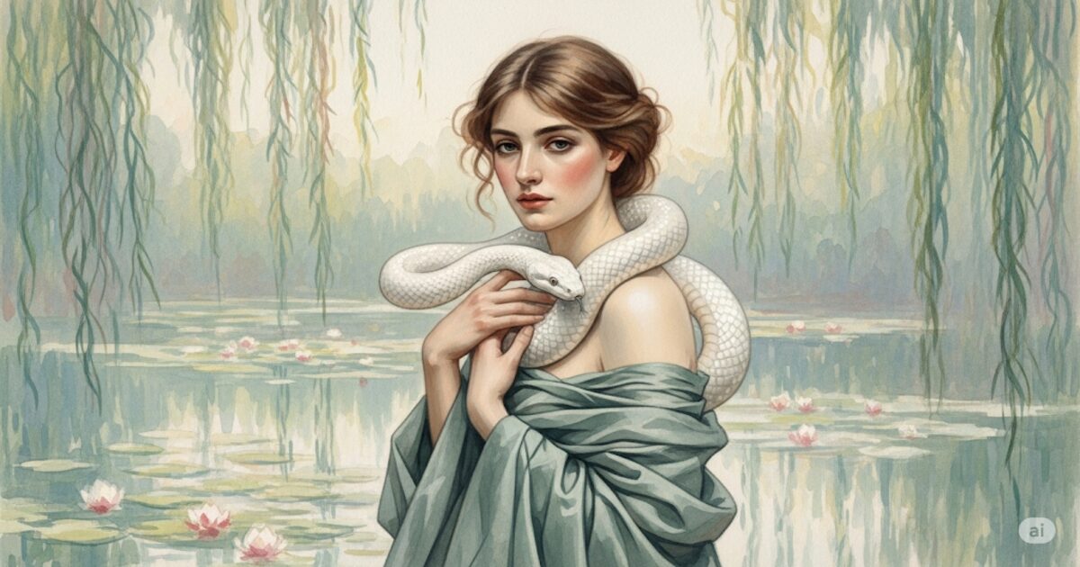 白蛇がついている女性の特徴をイメージした水彩画。柳の木の下で、白い蛇を優しく肩に乗せている神秘的な女性の姿。
