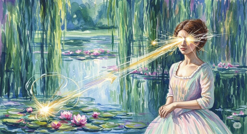 白蛇がついている女性の鋭い直感力を描いた絵。睡蓮の浮かぶ池を背景に、目から光を放ち本質を見抜く力を持つ女性。