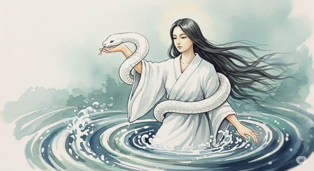 弁財天の使いである白蛇と、白蛇がついている女性の神聖な繋がりを描いた水彩画。水の中から白蛇と共に現れる女性。