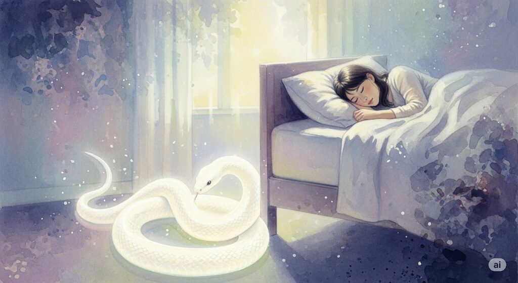 白蛇の夢が示す幸運の前兆を描いた神秘的な水彩画。ベッドで眠る女性の枕元に現れた光る白蛇は、白蛇がついている女性に訪れる幸運を象徴している。