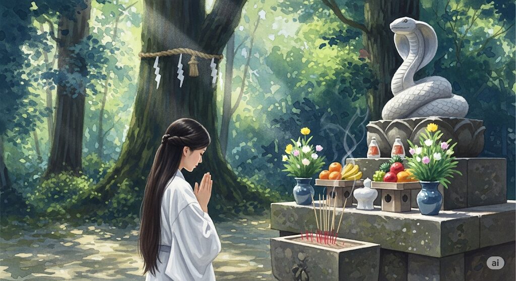 白蛇を祀る神社で参拝しご縁を深める女性を描いた水彩画。緑豊かな森の中、白蛇の石像の前で静かに手を合わせる姿は、白蛇がついている女性の敬虔な心を表している。