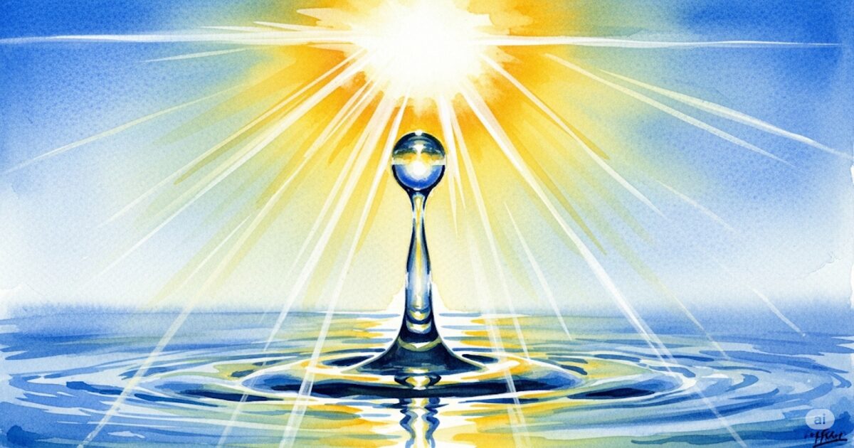 「何もないところから水滴 スピリチュアル」な意味を象徴する画像。太陽の光が差し込む中、一滴の水が水面に落ちて波紋が広がる神秘的な様子。