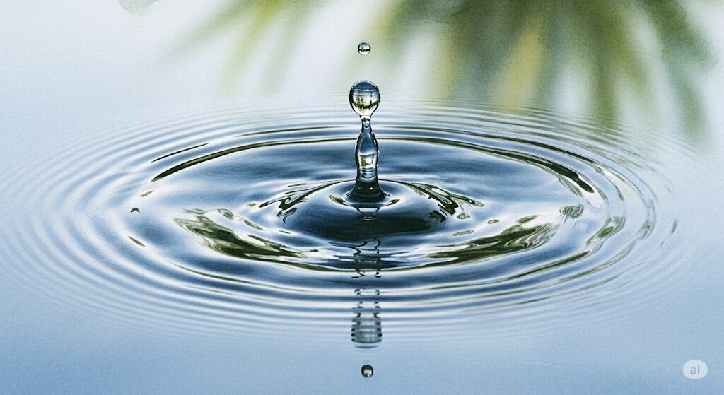 「何もないところから水滴 スピリチュアル」な祝福のサインを示す画像。静かな水面に落ちる一滴の雫と、美しく広がる波紋が良いことの前兆を感じさせる。