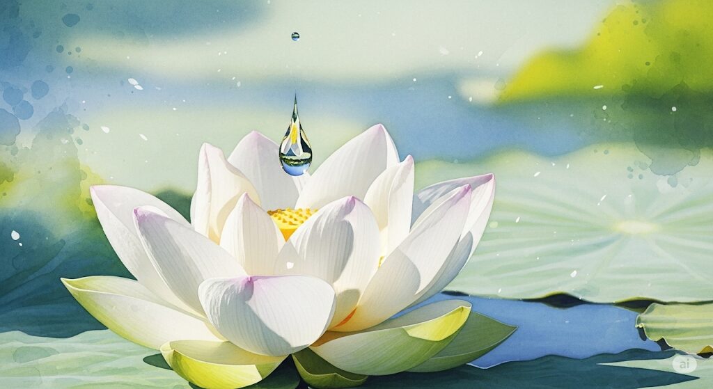 「何もないところから水滴 スピリチュアル」な浄化をテーマにした画像。咲き誇る蓮の花に水滴が落ちる瞬間が、心のリセットと新しい始まりを象徴する。