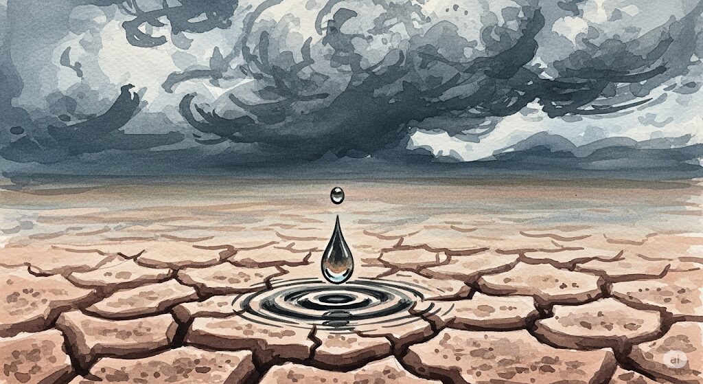 「何もないところから水滴 スピリチュアル」な警告のサインを示す画像。ひび割れた大地と嵐の雲の下で、濁った水滴が落ちる様子がネガティブなエネルギーを表現。