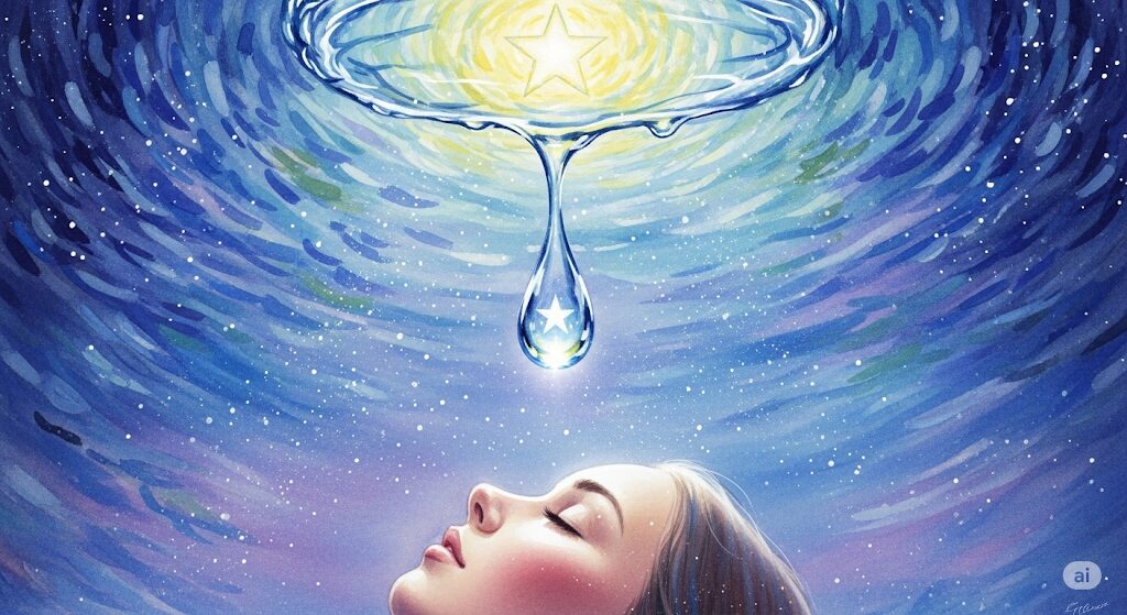 「何もないところから水滴 スピリチュアル」な暗示を示す画像。星空の天井から顔に落ちる聖なる雫が、神聖なメッセージを伝えている。