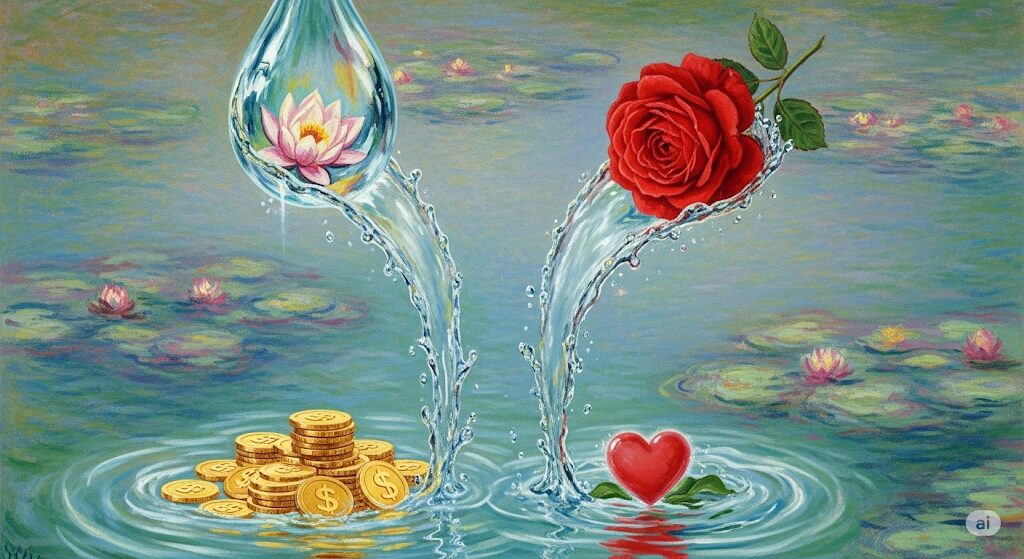 「何もないところから水滴 スピリチュアル」な運気への影響を象徴。一つの雫が金貨と薔薇へ分かれて流れ、金運と恋愛運を暗示する。
