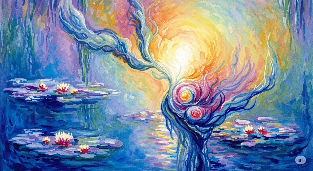 魂が発するメッセージをイメージした抽象的な水彩画。「迷ったらやめる」というスピリチュアルな直感が光となって現れている。