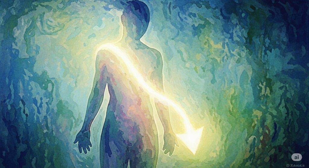 エネルギー低下を知らせる体からの警告を光の矢で描いたイラスト。「迷ったらやめる」というスピリチュアルな判断が必要な状態。