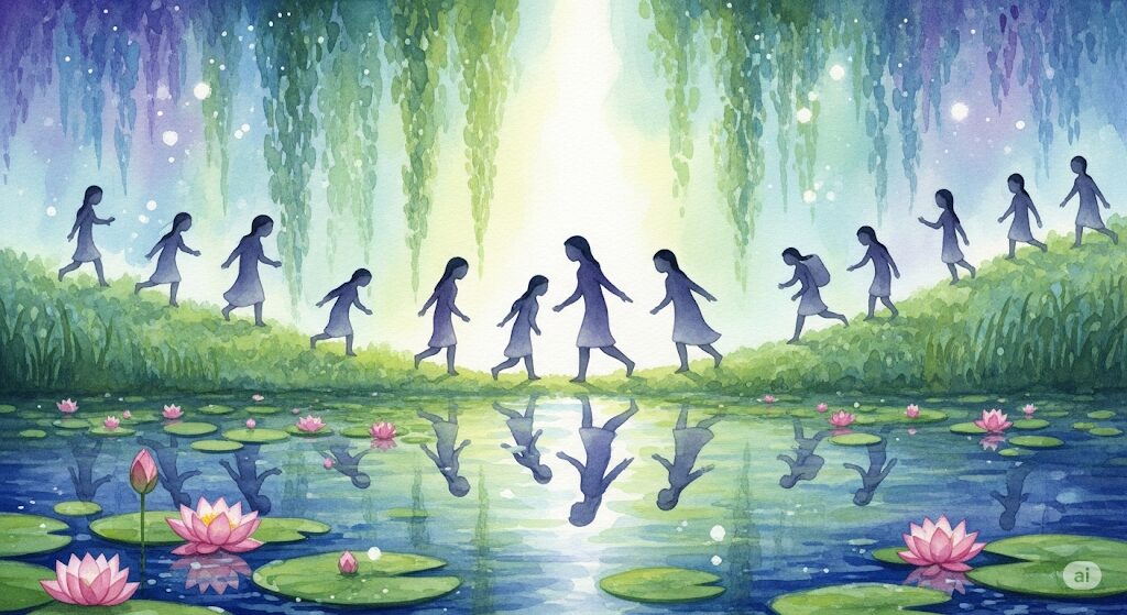 魂の成長を促す試練を捉えた神秘的な水彩画。「迷ったらやめる」というスピリチュアルな決断を通して、多くの経験を積み重ね、成長していく魂の道のりを、連なる人物像で表現しています。