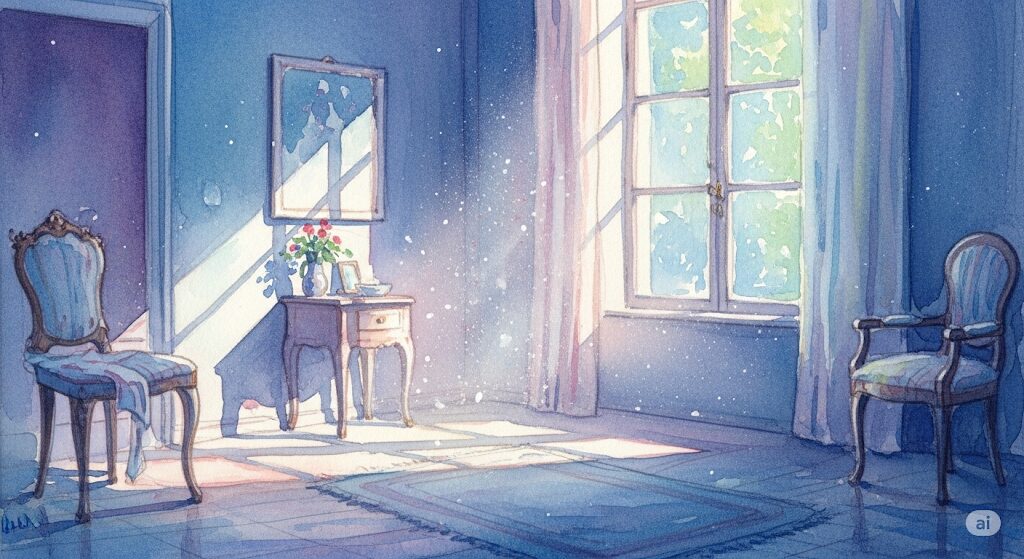 「部屋がパキパキ音がする スピリチュアル」な音は守護霊からのサイン。モネ風のタッチで描かれた静かな部屋を、優しく包み込むような光が守護霊の温かい見守りを表現している。