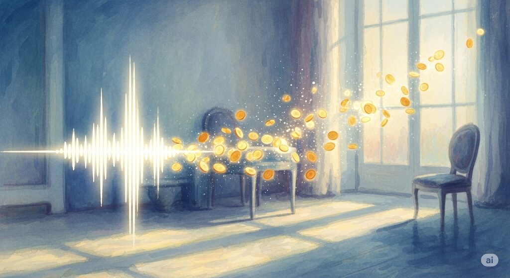 「部屋がパキパキ音がする スピリチュアル」な音は金運上昇のサイン。モネ風水彩画で描かれた部屋で、音の波形が輝く金貨に変わり、豊かさが訪れる神秘的な様子を表現。