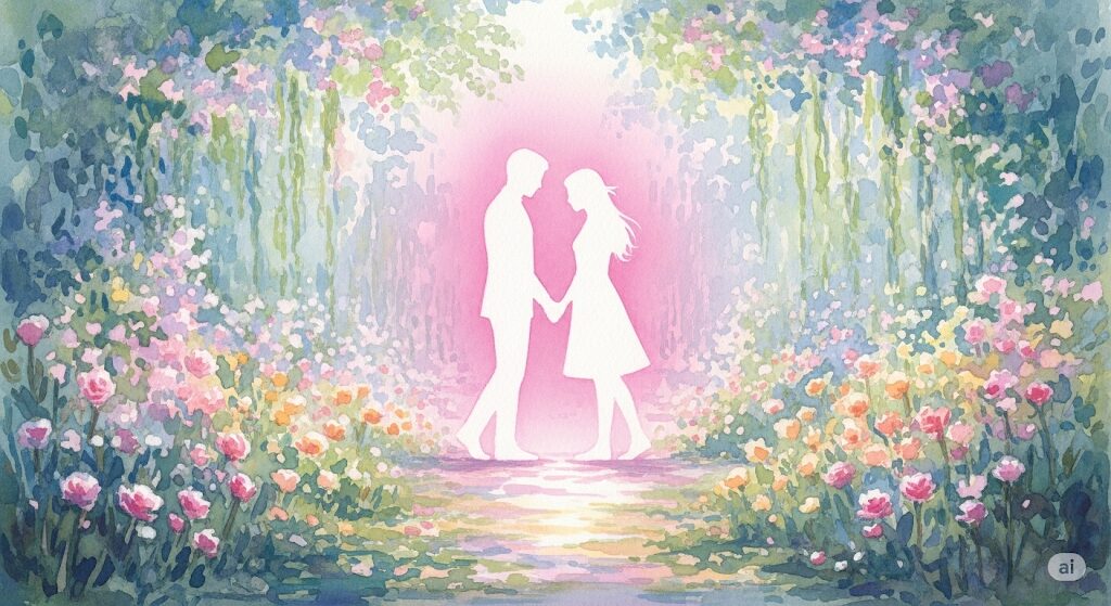 承知いたしました。
SEOに優れ、画像検索での表示も考慮したaltテキストを作成します。
altテキスト:
「部屋がパキパキ音がする スピリチュアル」な音は恋愛運好転の前兆。モネ風水彩画の幻想的な庭園で、光でできた二人が出会う様子が新しい出会いを象徴している。