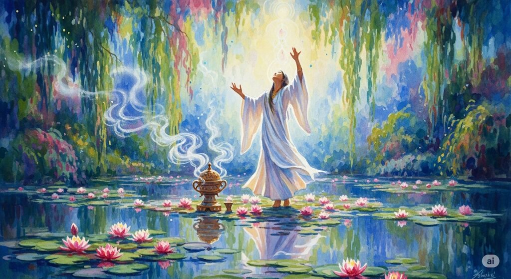 この画像は、モネのような水彩画で、幸運を引き寄せるための浄化の儀式を描いた神秘的な作品です。