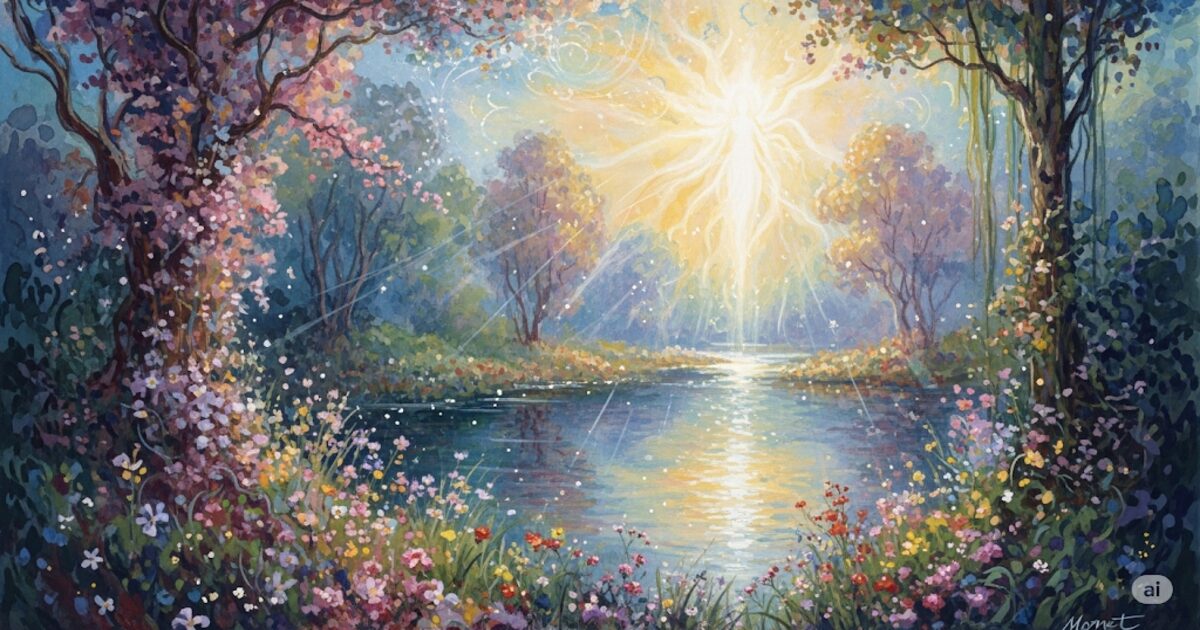 ふと思ったことが現実になるスピリチュアルな世界観を象徴する、神秘的なモネ風の水彩画。輝く光が差し込む川辺の風景が、思考のエネルギーと現実化の繋がりを描いている。