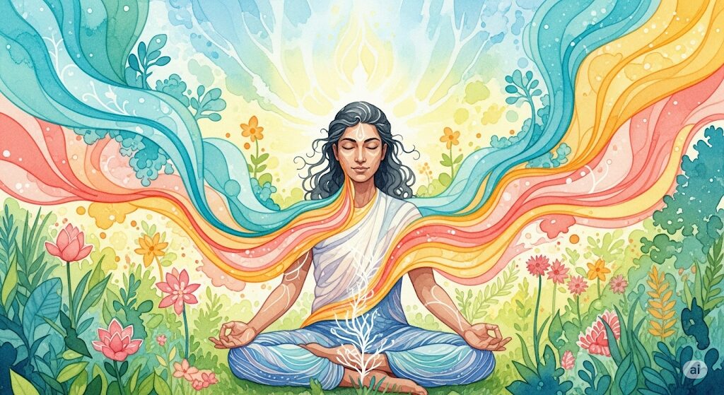 心地よい習慣を通じて波動を高める概念を表現した抽象的な画像で、幻想的な光と流れるような色彩が特徴です。