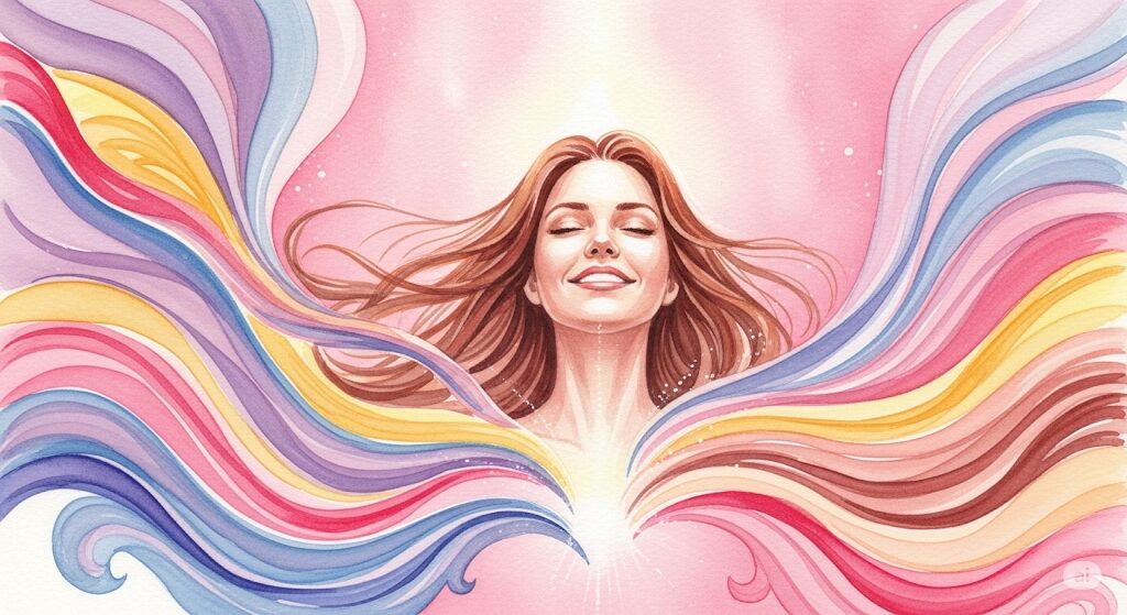 恋愛運を引き寄せるための心の持ち方を表現した抽象的な画像で、幻想的な光と流れるような色彩が特徴です。